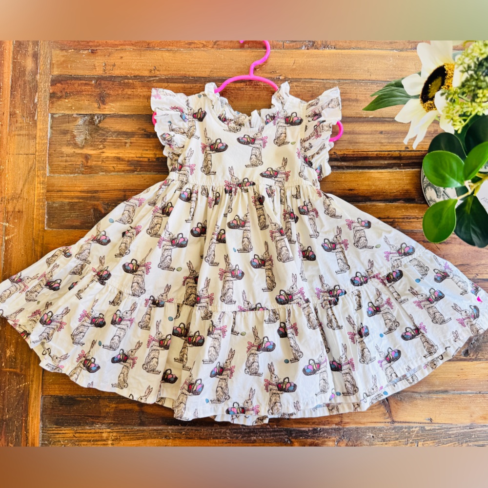 Pink Chicken White Dress with Pink and Blue Bunny Print